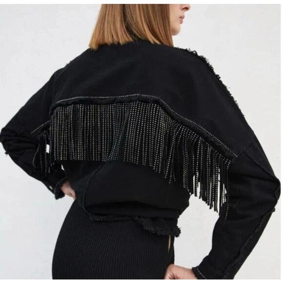 Zara Rhinestone Fringe Studded Jean Jacket  Black Size Medium - Picture 4 of 13